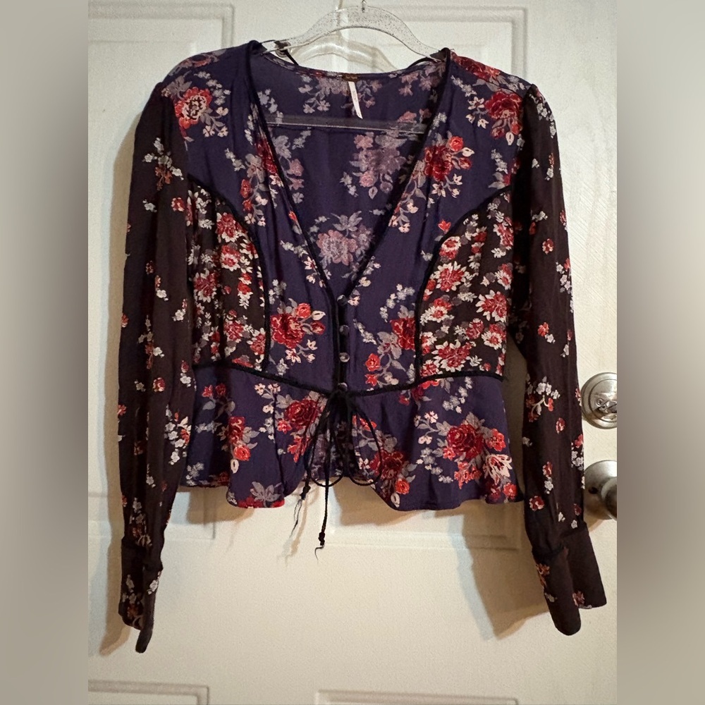 Free People Navy Floral Peplum Long Sleeve Top